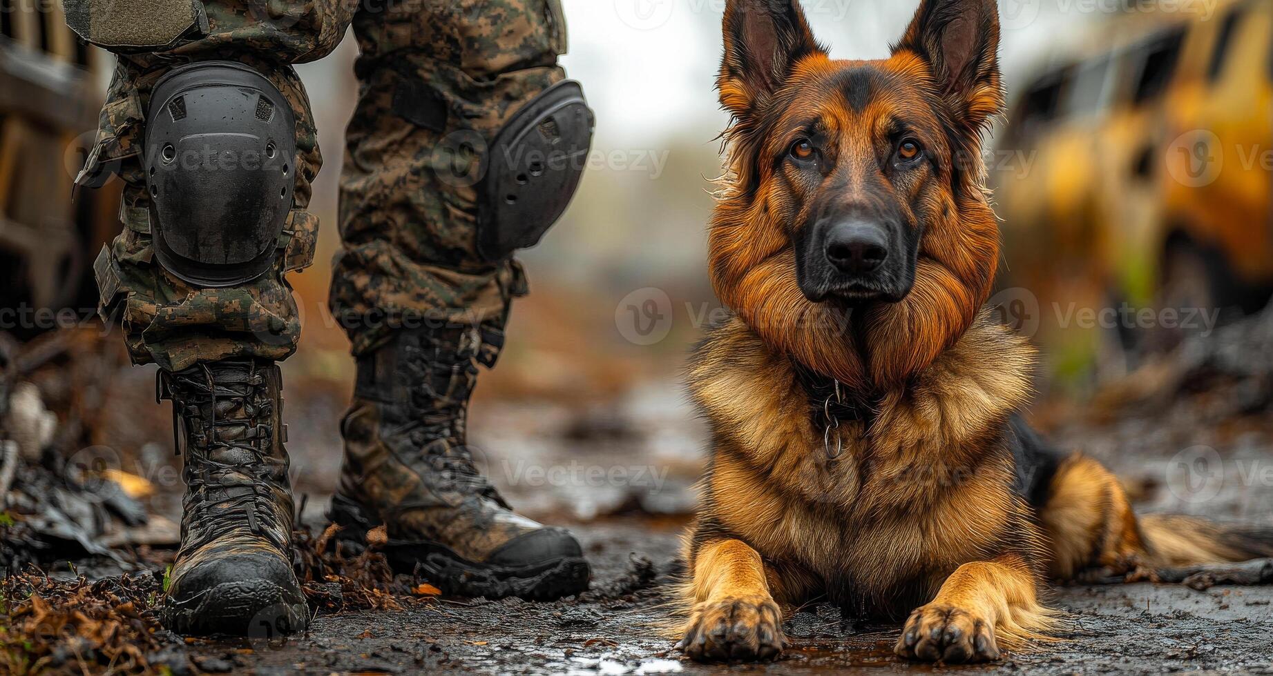A German Shepherd lays on the ground next to a person in military gear. The dog appears to be dirty and tired, while the person seems to be in a state of readiness. Concept of duty and discipline photo