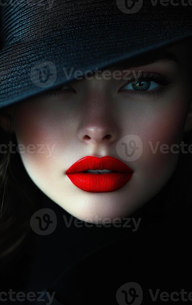 A woman with red lipstick and a black hat. The hat is black and the woman's face is red photo