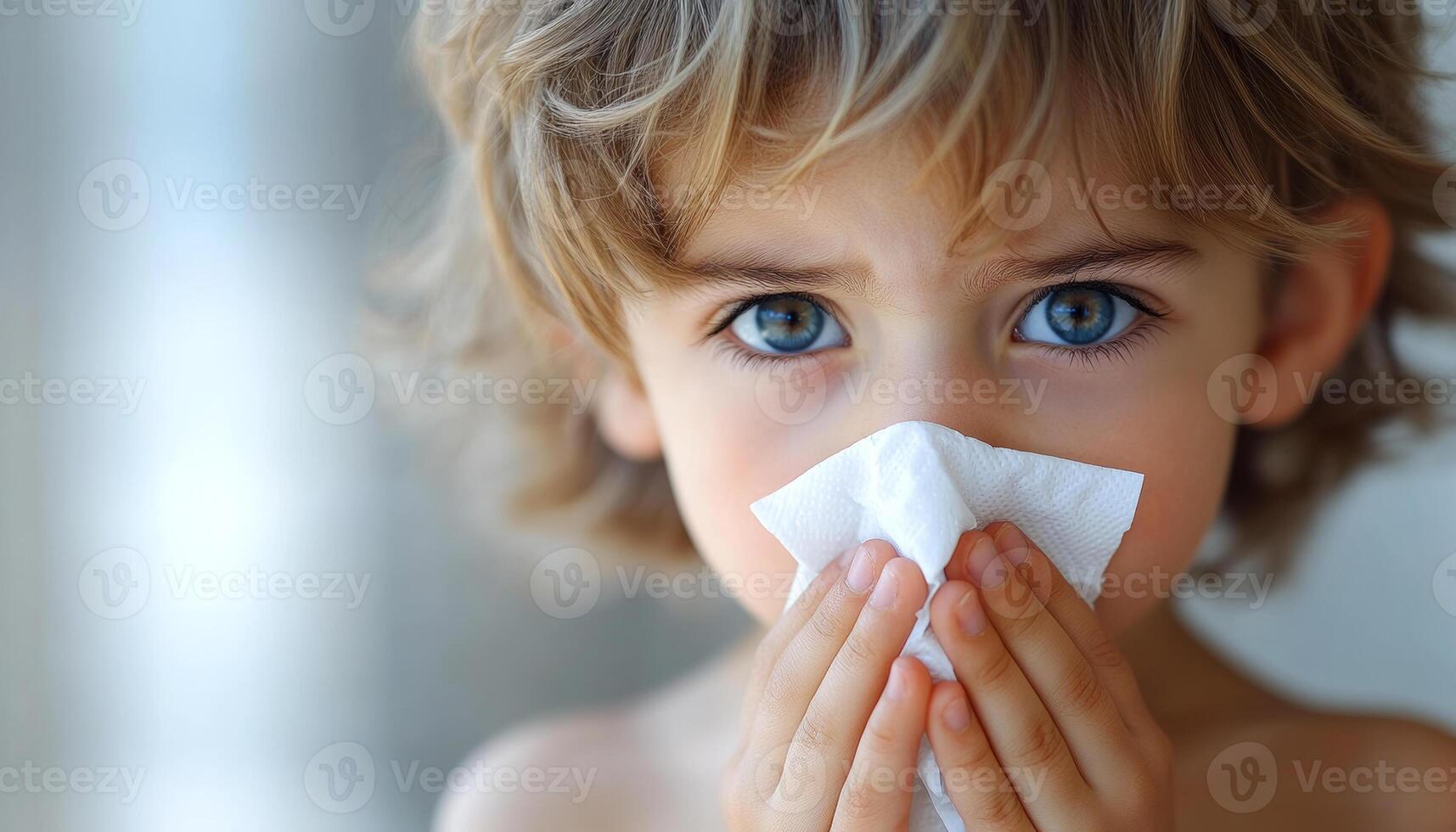 A young boy is holding a tissue to his face, possibly because he has a cold. Concept of discomfort and vulnerability, as the boy is struggling to breathe and is in need of assistance photo