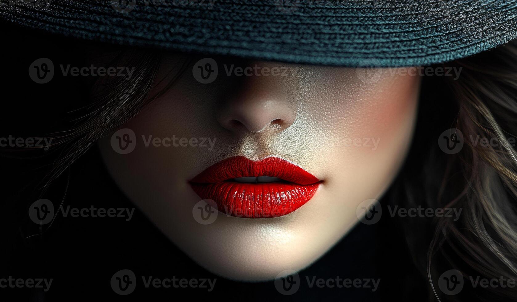 A woman with red lips and a black hat. The hat is covering her face, making her look mysterious photo