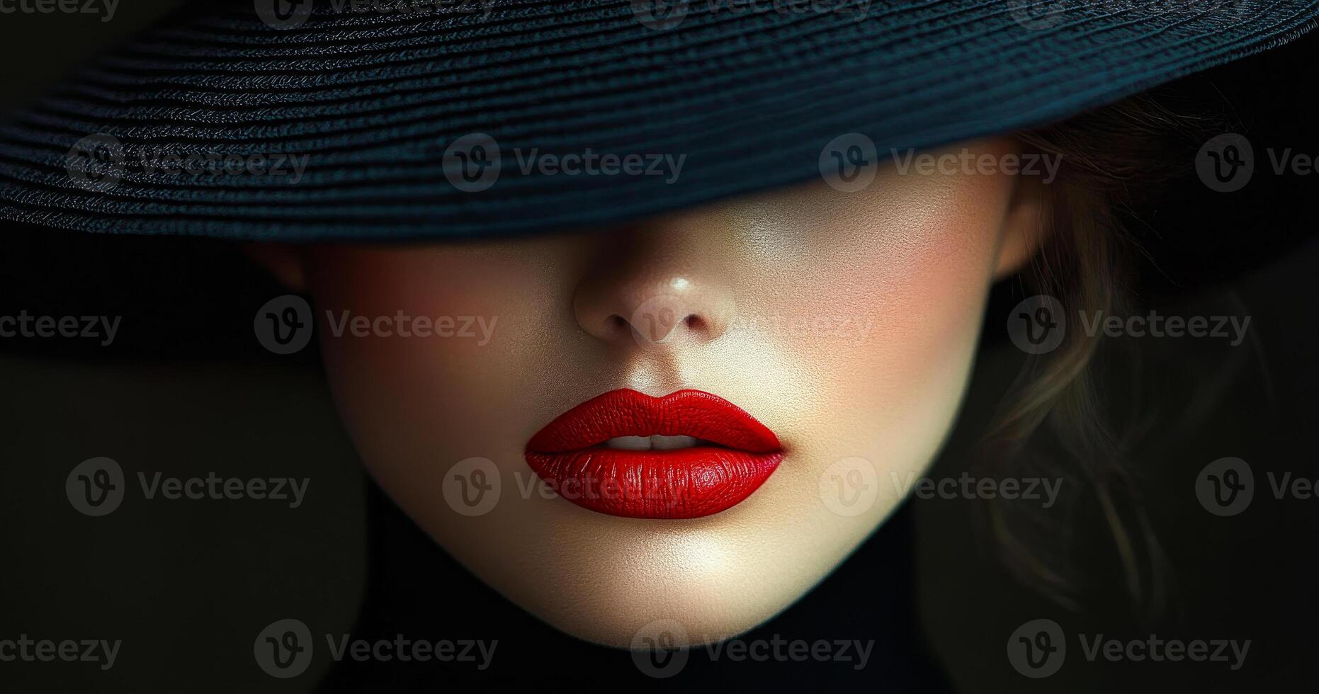 A woman with a black hat and red lipstick is the main focus of the image. The hat is positioned over her face, partially obscuring her features. The lipstick is a bold red shade photo