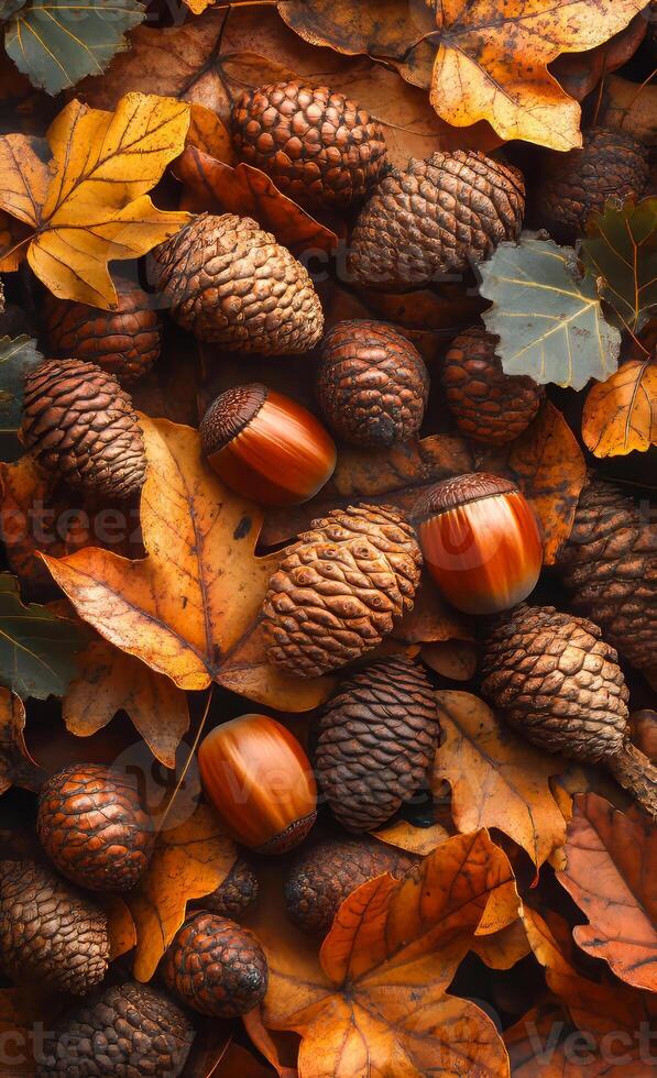 A close up of acorns and leaves on a table. The acorns are brown and the leaves are orange. Concept of autumn and the beauty of nature photo