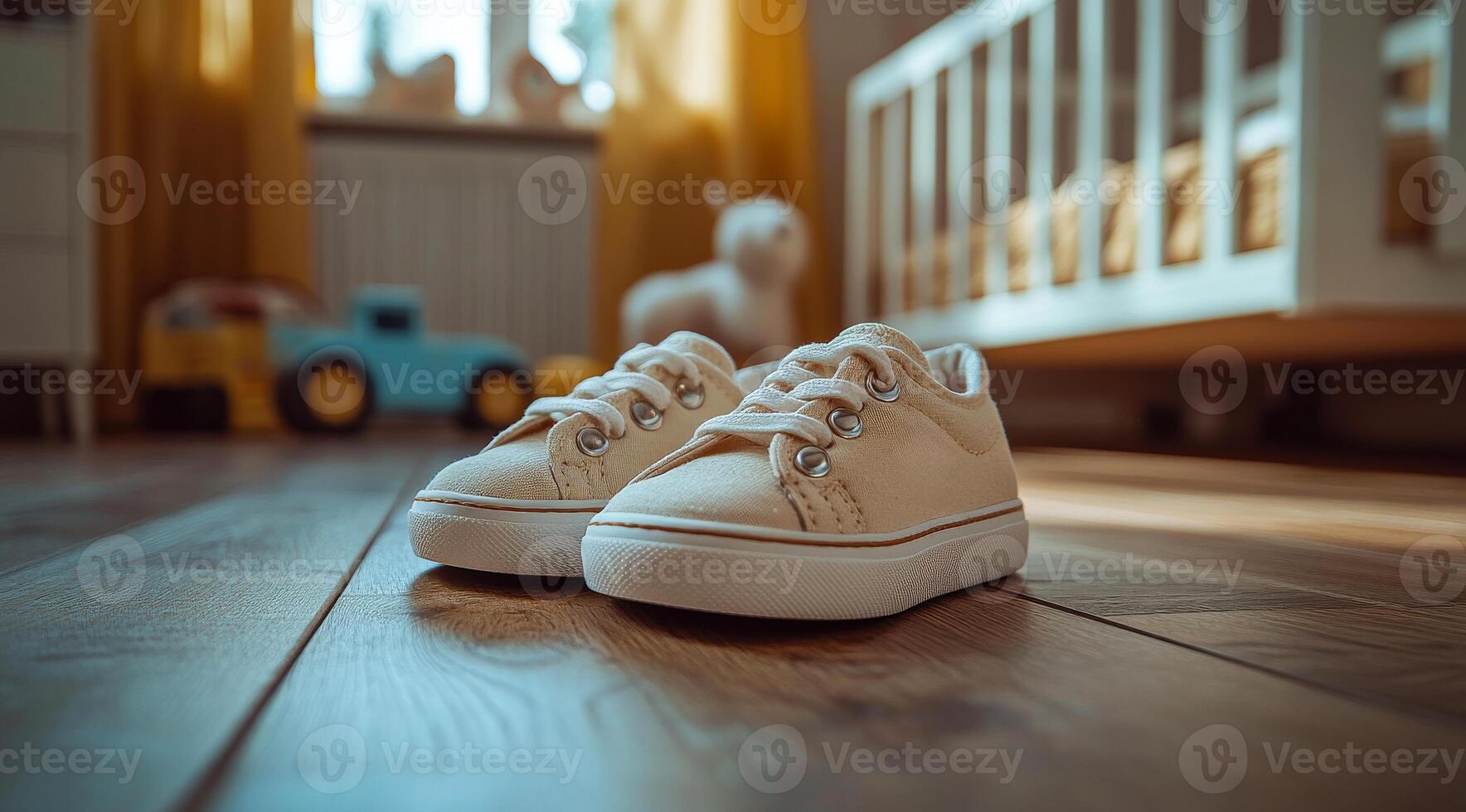 A pair of white sneakers are on a wooden floor in a nursery. The room is decorated with a car and a teddy bear photo