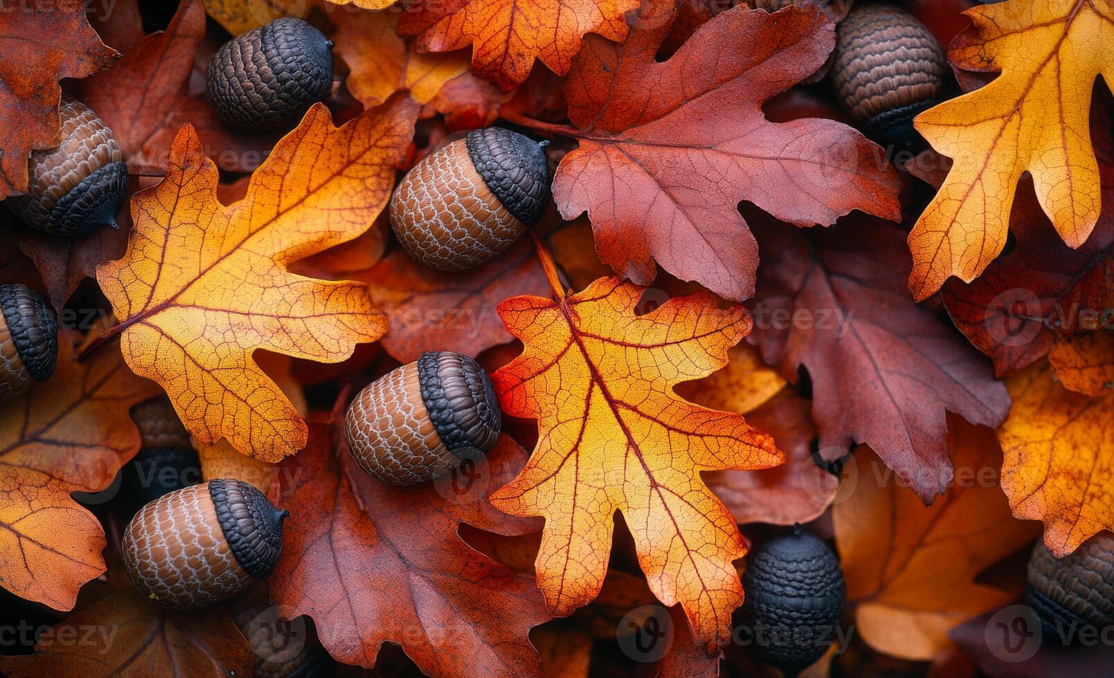 A pile of autumn leaves with acorns on top. The leaves are orange and brown, and the acorns are black and brown. Concept of autumn and the changing of the seasons photo