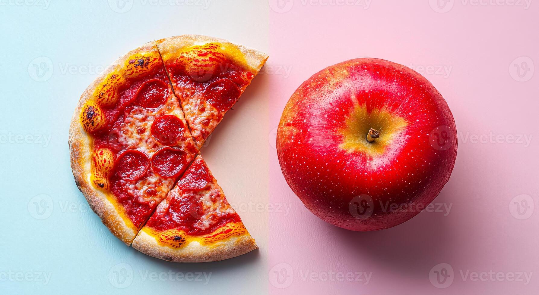 A slice of pizza is cut in half and placed next to a whole apple. Concept of balance and healthy eating, as the pizza represents indulgence and the apple represents a nutritious snack photo