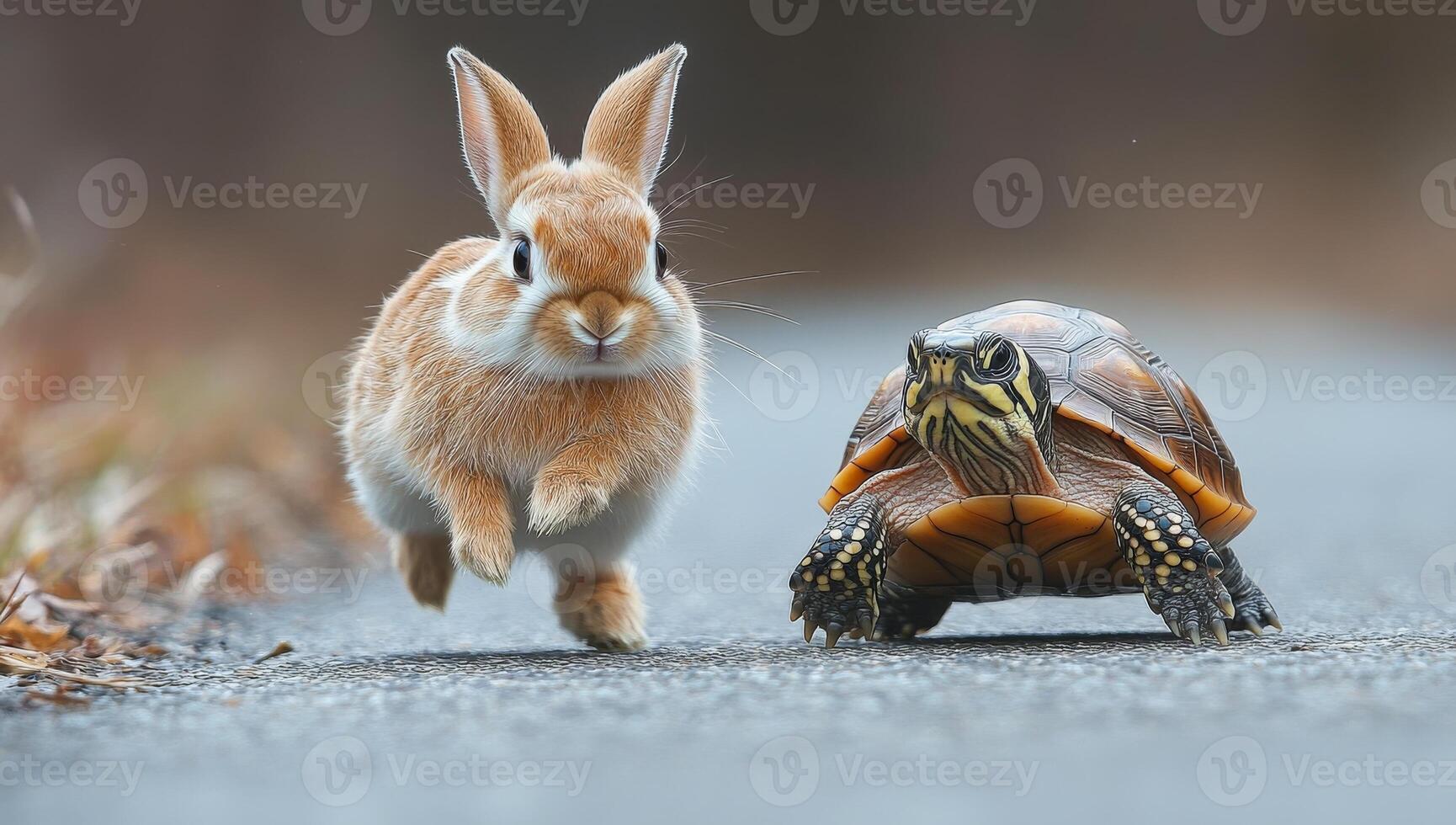 A rabbit and a turtle are running on a road. The rabbit is brown and the turtle is brown and yellow photo