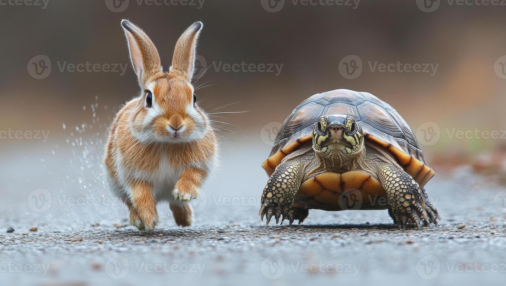 A rabbit and a turtle are running on a wet road. The rabbit is running faster than the turtle photo