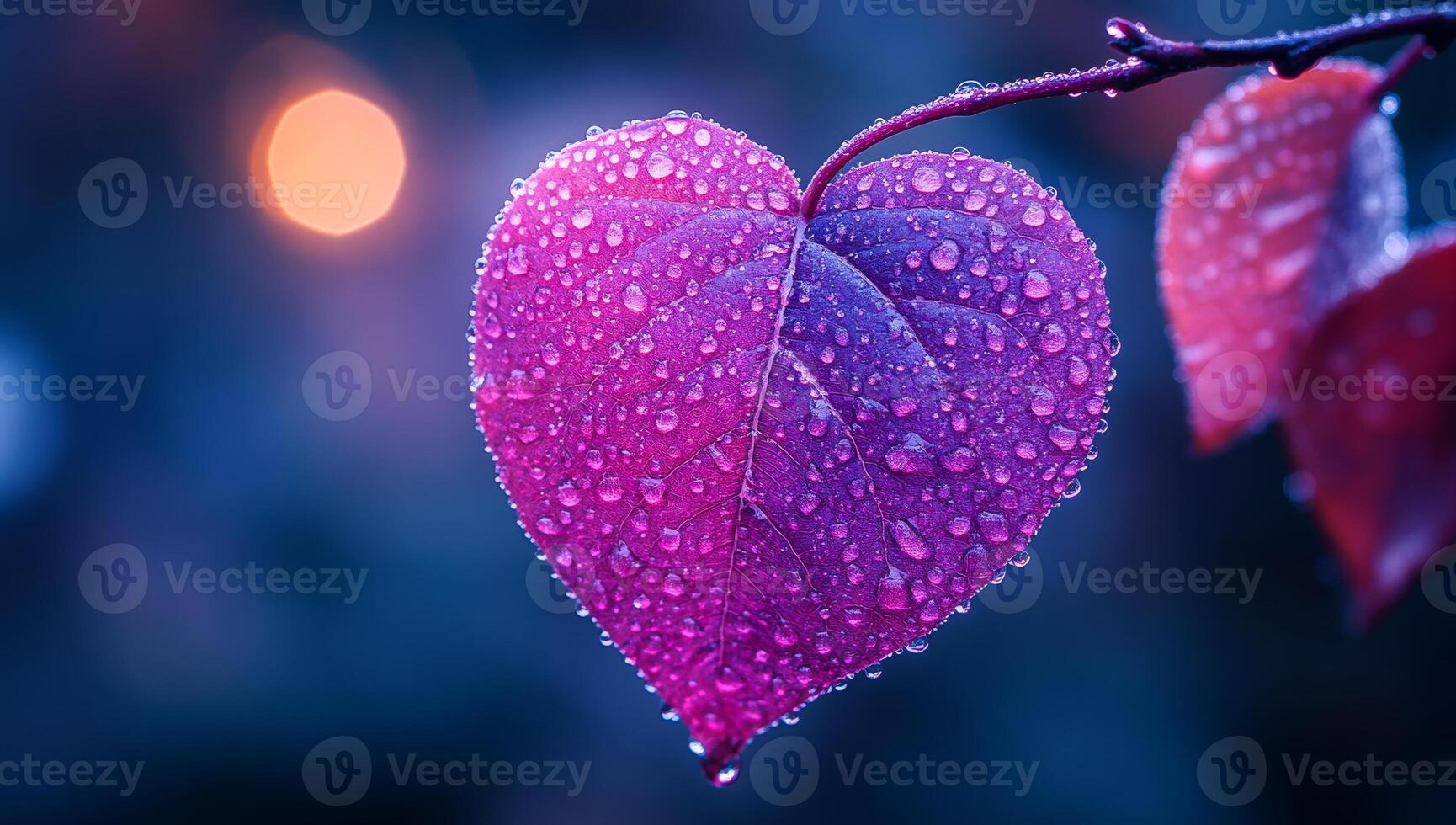 A leaf with raindrops on it is shown in a blue background. The leaf is pink and has a heart shape. Concept of beauty and tranquility, as the raindrops on the leaf create a serene photo