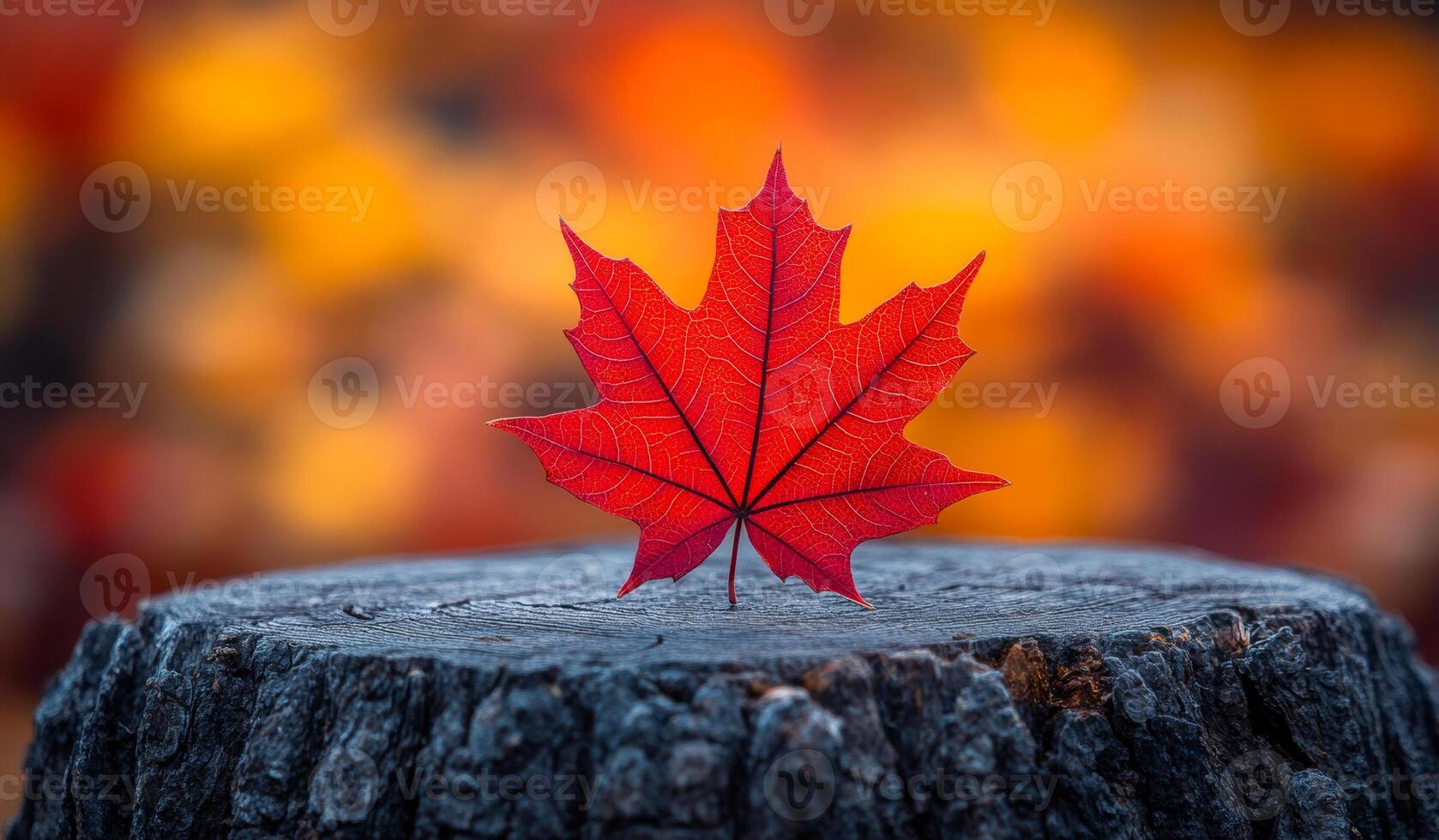 A red leaf is on top of a log. The leaf is surrounded by a blurry background of autumn leaves. Concept of tranquility and the beauty of nature during the fall season photo