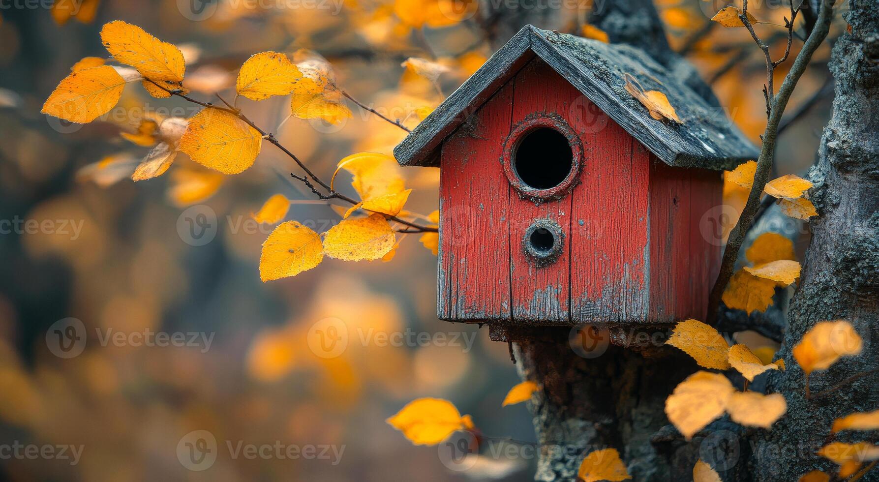 A red birdhouse with a hole in the front sits on a tree branch. The birdhouse is empty, but it is surrounded by leaves that have fallen from the tree. The image has a peaceful and serene mood photo