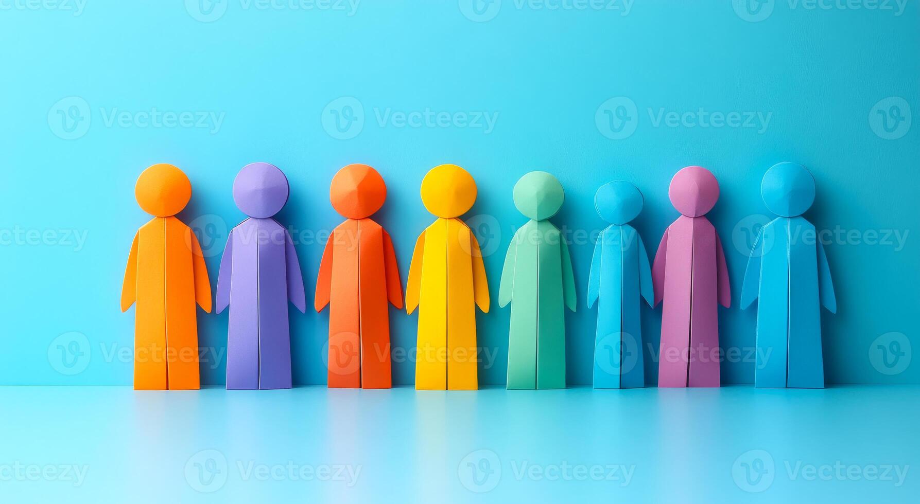 A group of people are standing in a row, each with a different color. Concept of unity and diversity, as the people are all different but still standing together. The blue background adds a calming photo