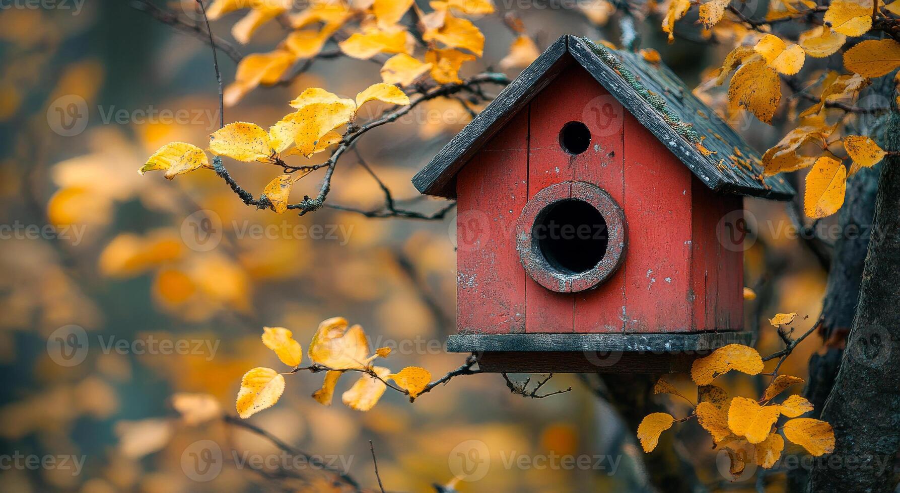A red birdhouse is perched on a tree branch. The birdhouse is empty and the leaves on the tree are yellow photo