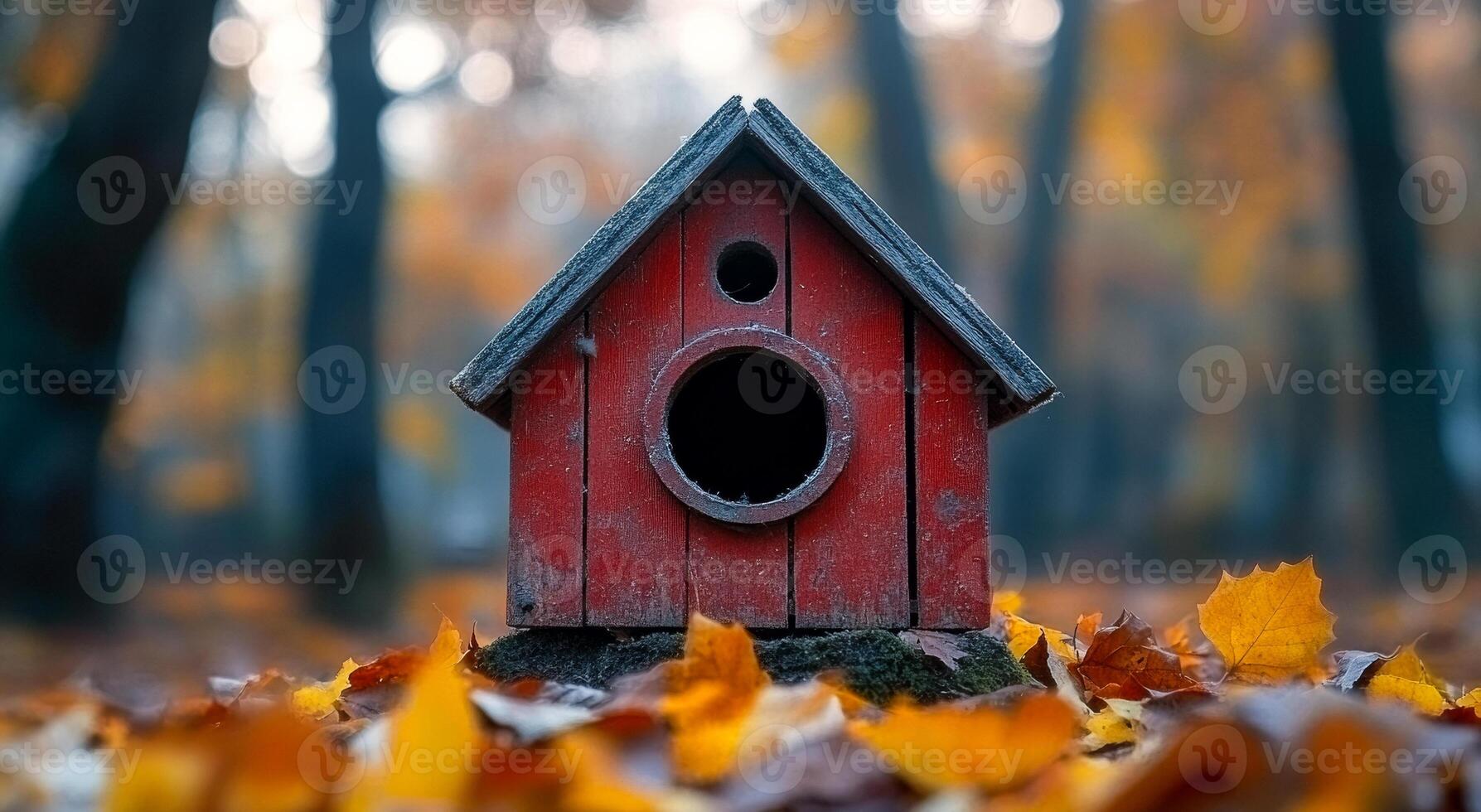 A red birdhouse is sitting on a pile of leaves. The birdhouse is small and has a hole in the front. The leaves on the ground are orange and yellow, creating a warm and cozy atmosphere photo