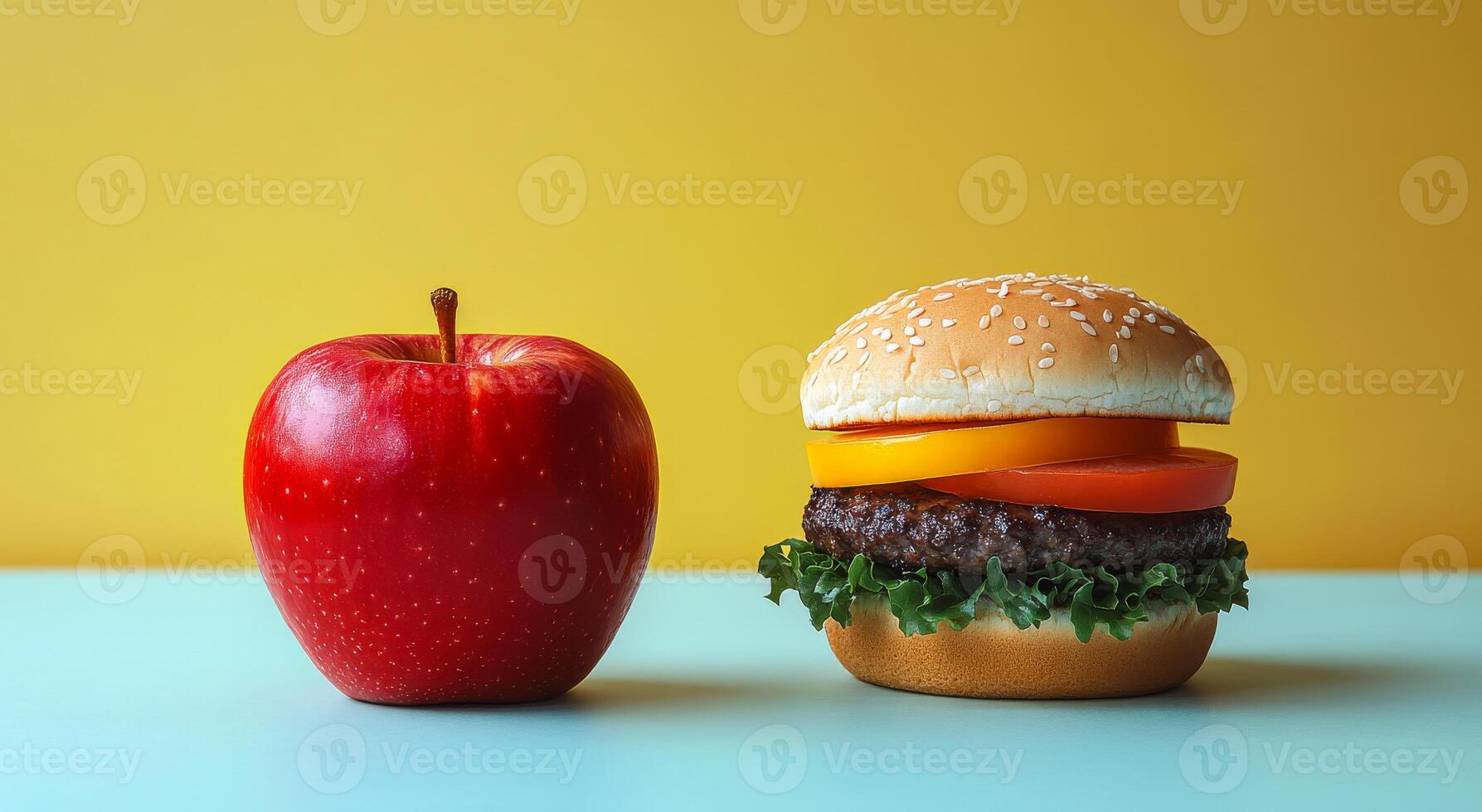 A red apple and a hamburger sit on a table. The hamburger is topped with lettuce and tomato photo