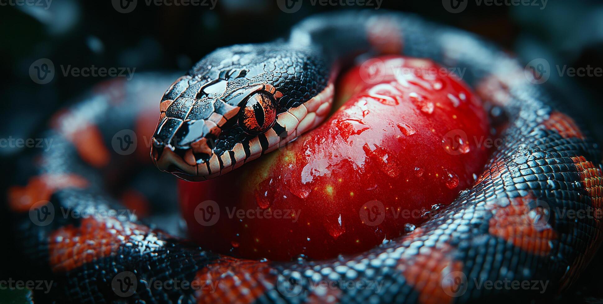 A snake is laying on top of a red apple. The snake is black and red with a yellow stripe down its back. The apple is wet and has a few drops of water on it. The scene is calm and peaceful photo
