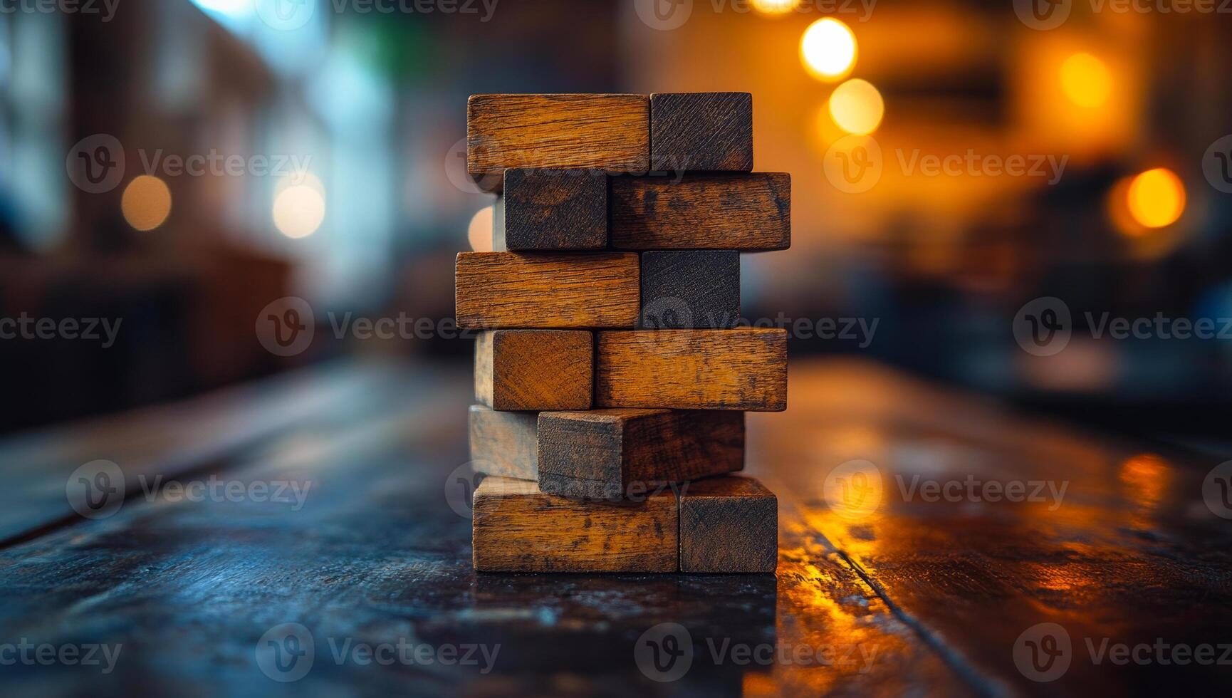A stack of wooden blocks on a table. The blocks are arranged in a pyramid shape. Concept of stability and balance, as the blocks are stacked in a way that they do not topple over photo