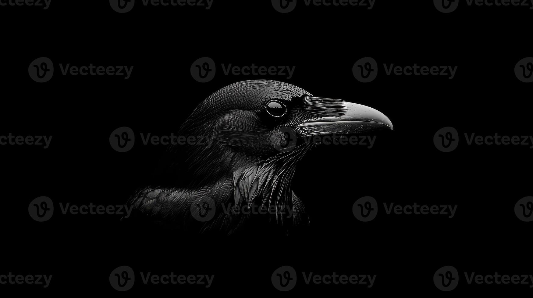 A black and white photo of a bird's head. The bird is a crow