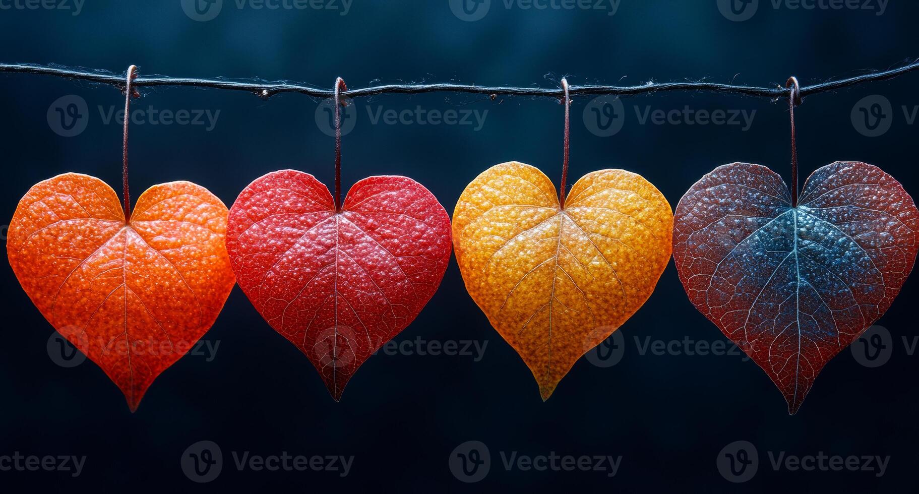 A row of leaves hanging from a wire, each one shaped like a heart. The leaves are of different colors, including red, yellow, and orange. Concept of warmth and beauty photo