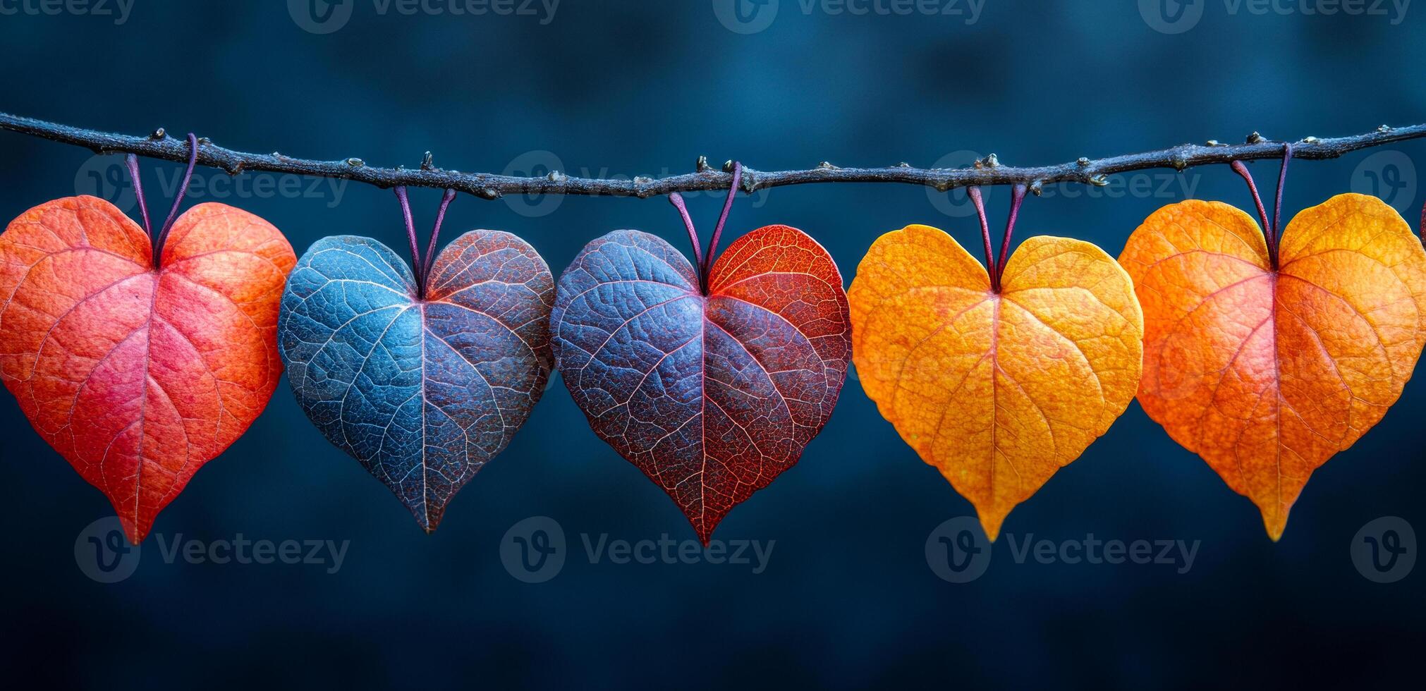 A series of leaves hanging from a wire, each one shaped like a heart. The leaves are of different colors, including red, blue, and yellow. Concept of warmth and beauty photo
