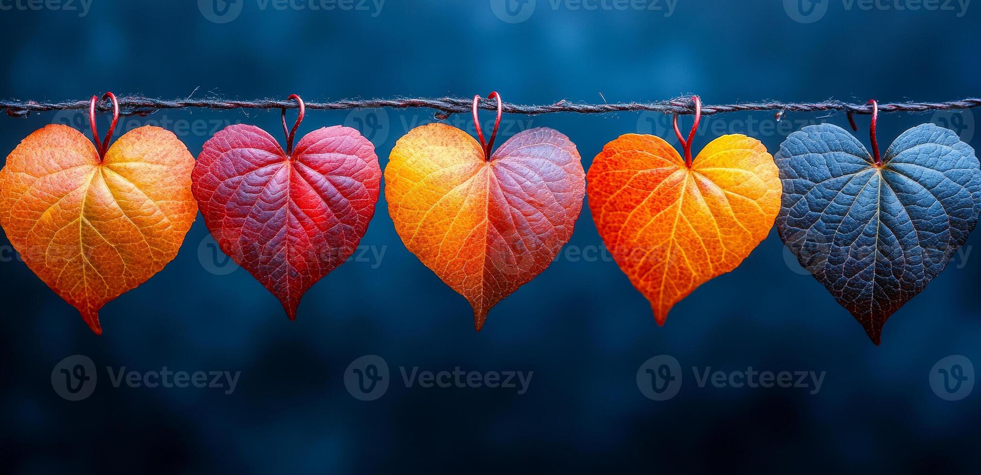 A row of leaves with hearts hanging from them. The leaves are of different colors, including red, orange, and blue. Concept of warmth and beauty photo