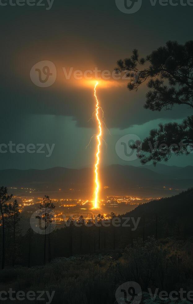 A lightning bolt is seen in the sky above a city. The city is lit up at night, creating a moody atmosphere photo