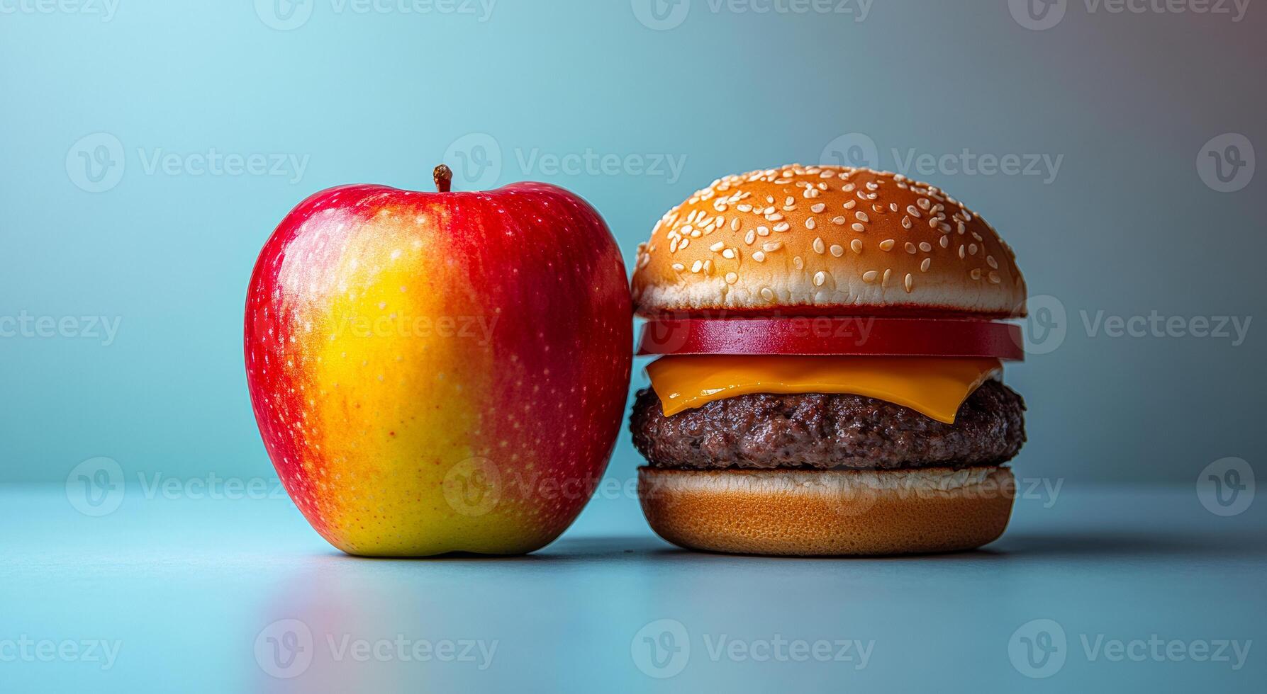 A hamburger and an apple are on a table. The hamburger is on the right and the apple is on the left photo