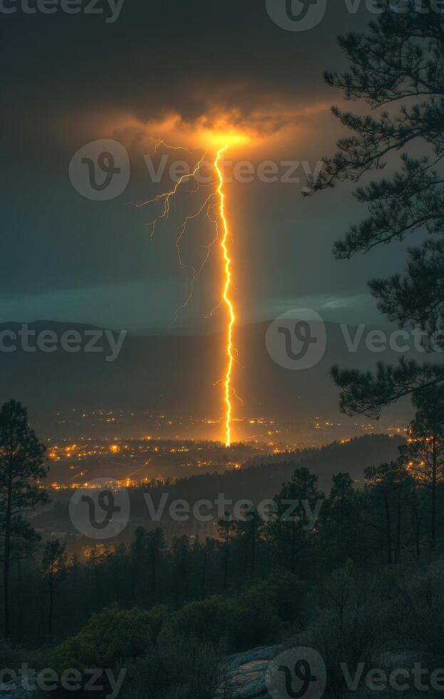 A lightning bolt is seen in the sky above a city. The sky is dark and cloudy, and the city is lit up with lights. Scene is tense and dramatic, as the lightning bolt is a powerful photo