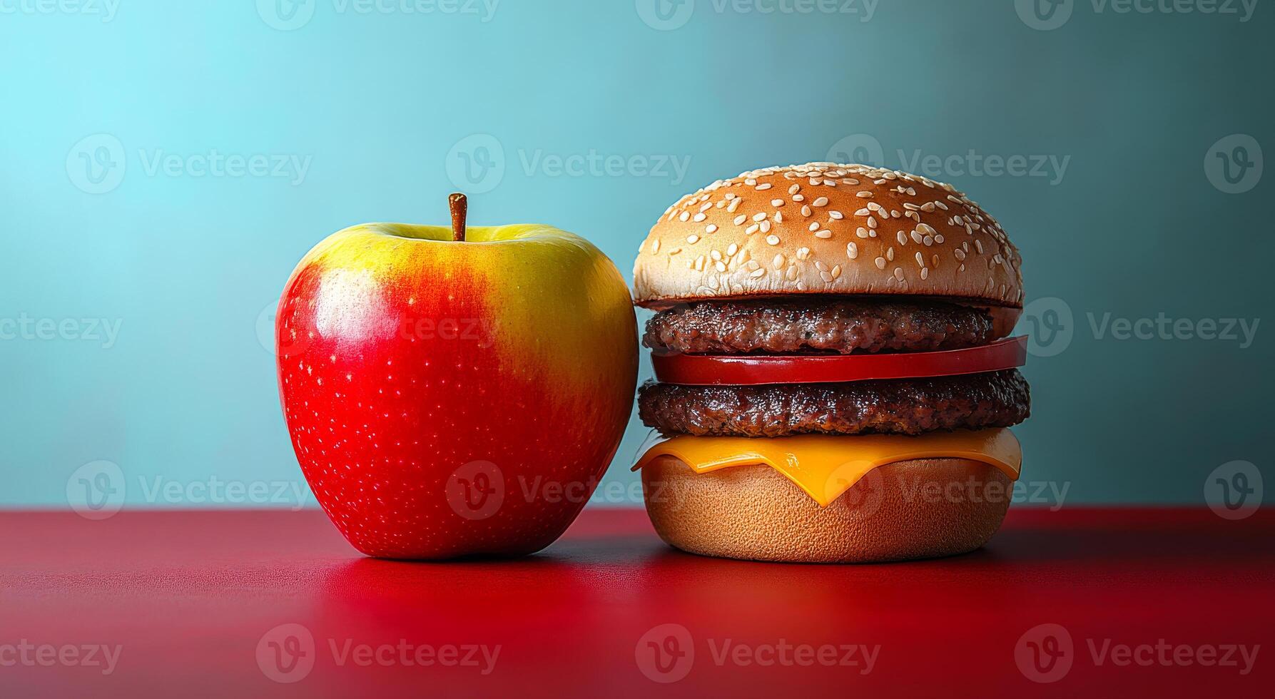 A hamburger and an apple are on a red table. The hamburger is large and has cheese on it. Concept of contrasting healthy and unhealthy food choices photo
