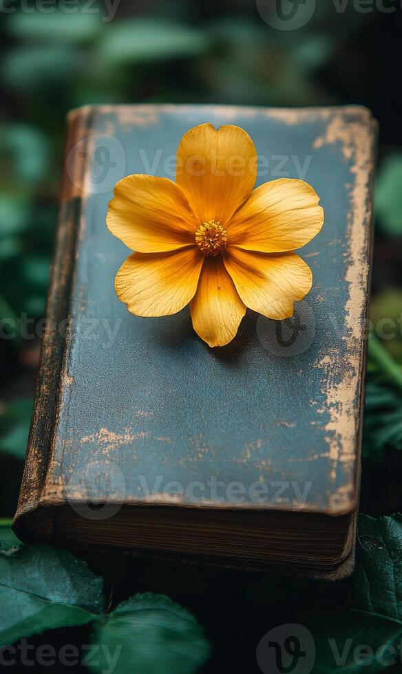 A yellow flower is on top of a book. The flower is in the center of the book and is surrounded by the pages. The book is old and has a worn look to it. The flower adds a touch of color photo