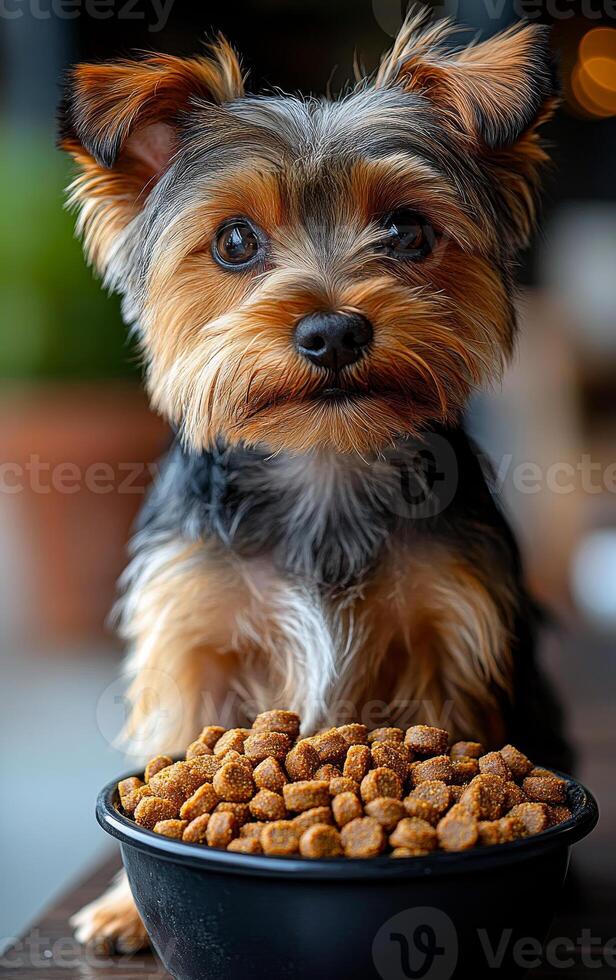 A small dog is sitting in front of a bowl of food. The dog appears to be looking at the camera with a sad expression photo
