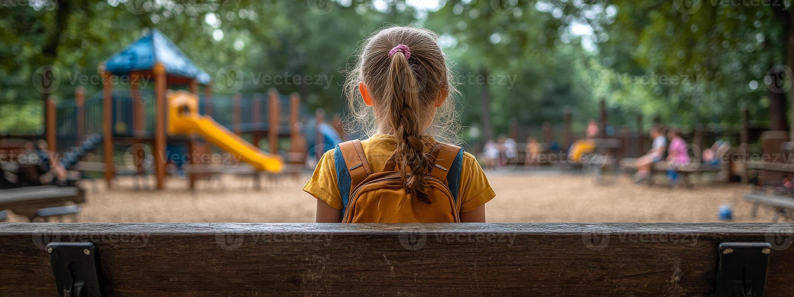A girl sits on a bench in a park. She is wearing a yellow shirt and a backpack. The park is full of people and playground equipment photo