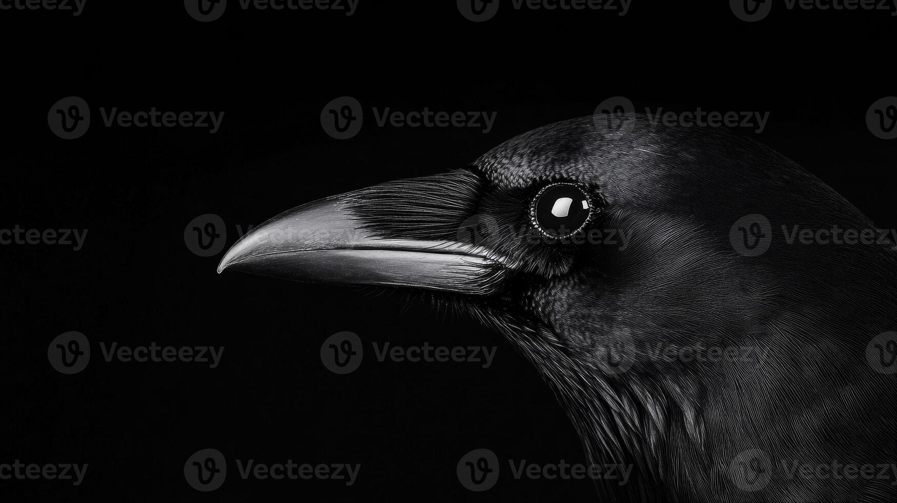 A black bird with a large eye and a pointed beak. The bird is looking directly at the camera photo