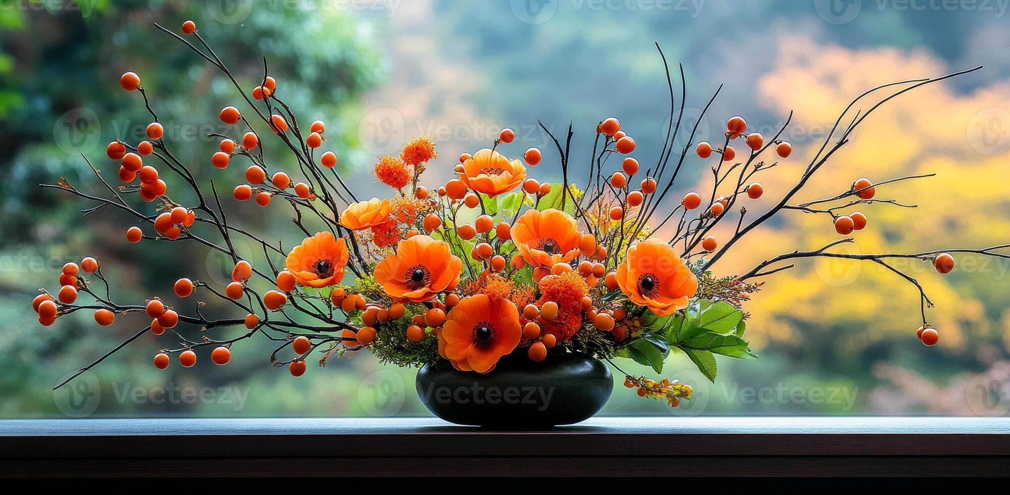 A vase of orange flowers sits on a window sill. The flowers are arranged in a way that makes them look like they are in a bouquet. The scene is peaceful and calming photo