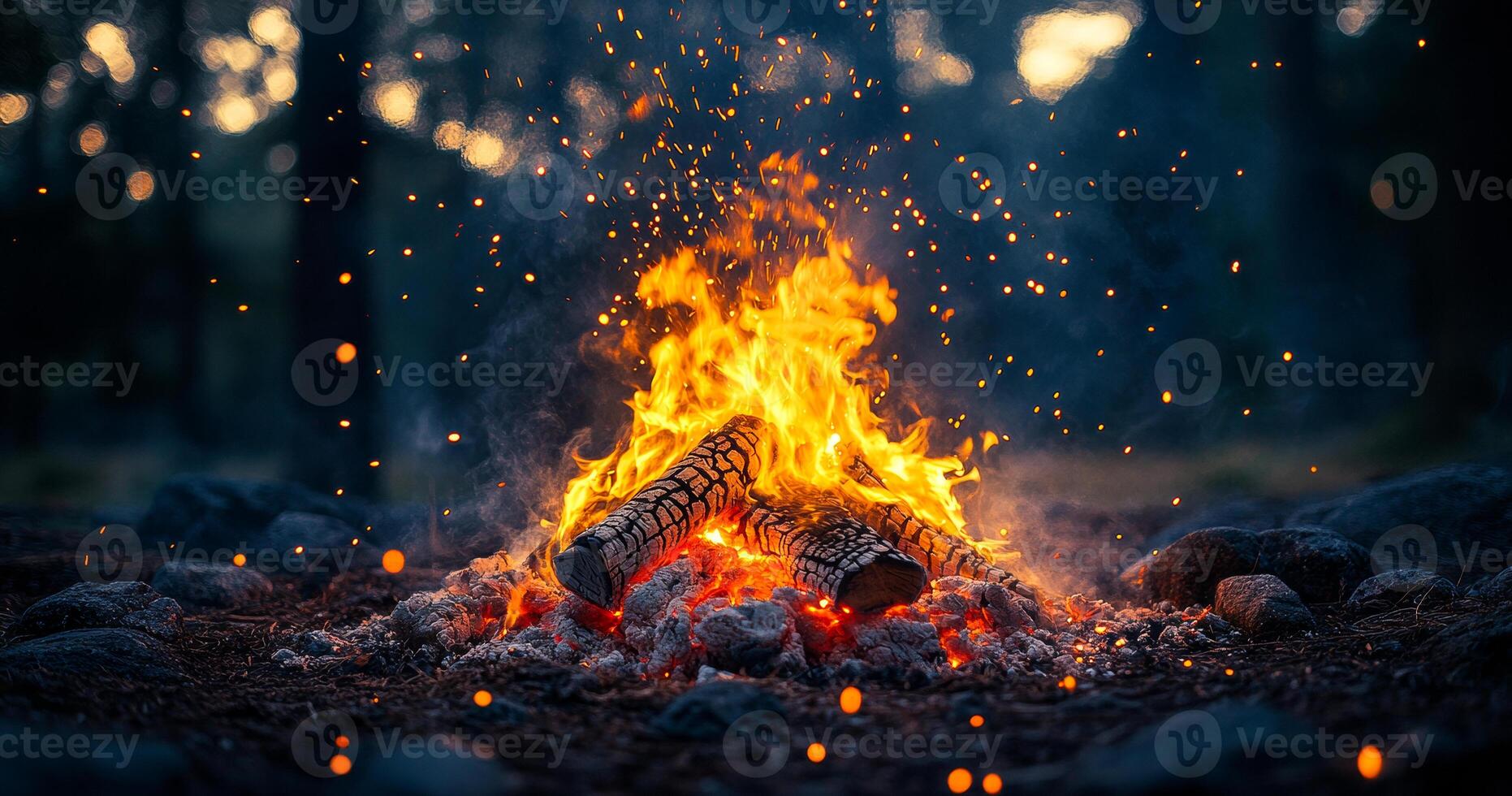 A fire is burning in a pile of wood. The fire is surrounded by a lot of sparks and smoke. Scene is warm and cozy, as if someone is sitting by the fire on a cold night photo