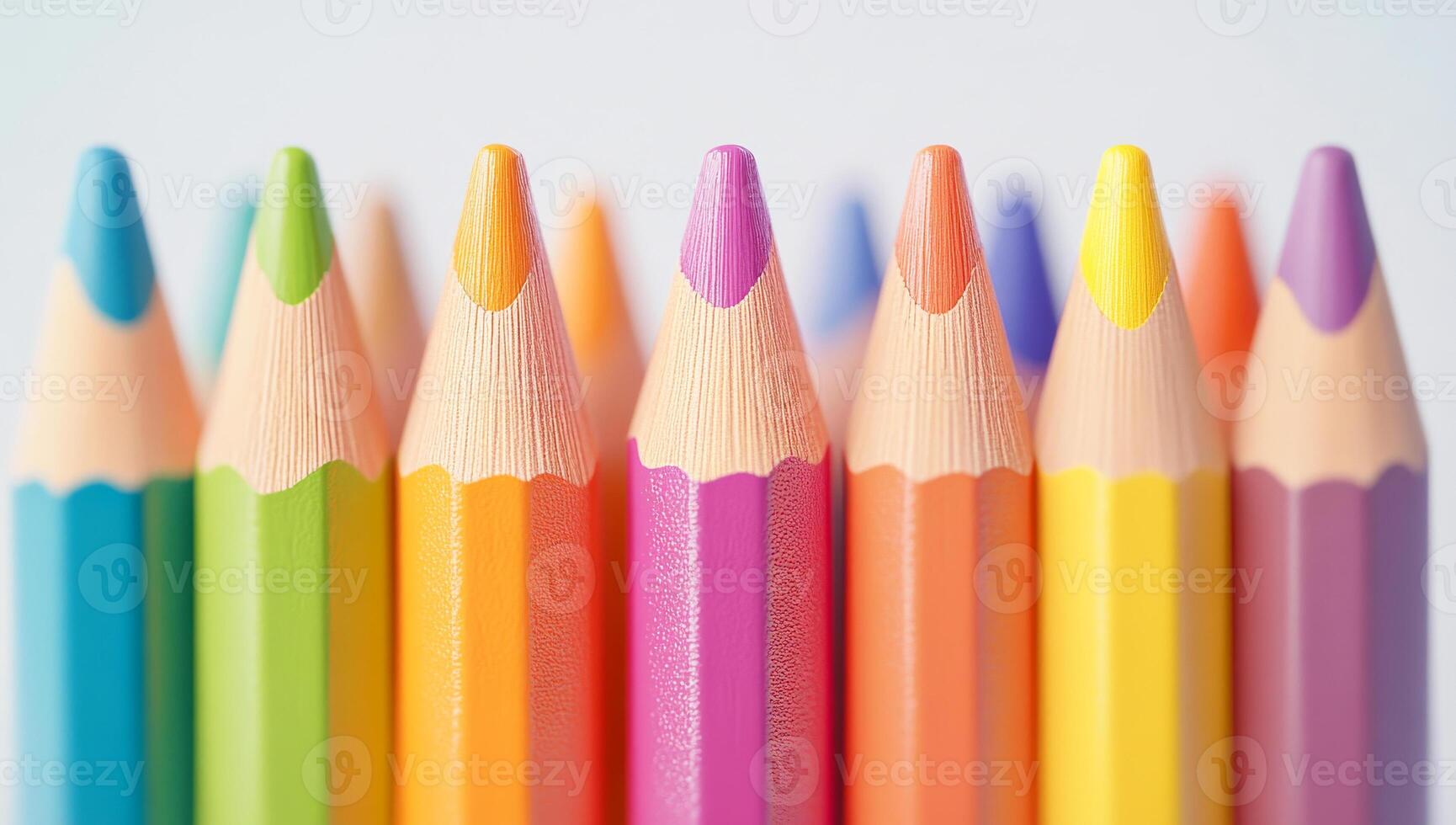 Vibrant colored pencils are lined up in a row, showcasing various shades against a plain white background. photo