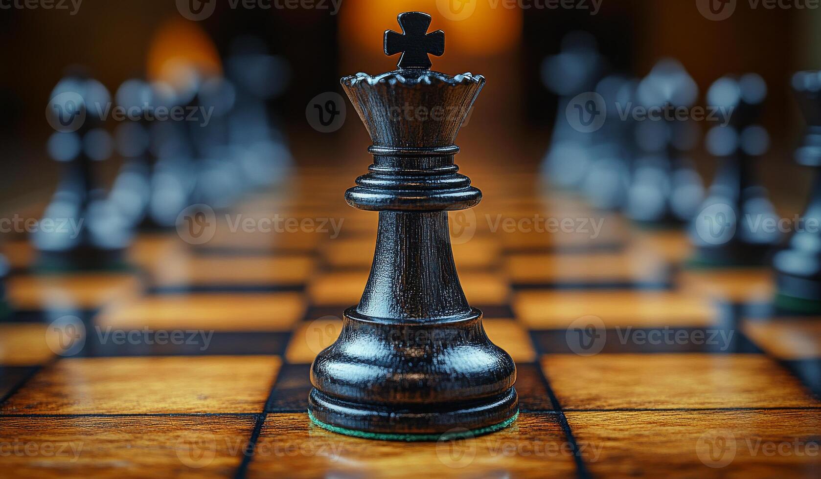 The king piece stands prominently on the chessboard, surrounded by other pieces, set in a warm-lit environment, suggesting a tense game. photo