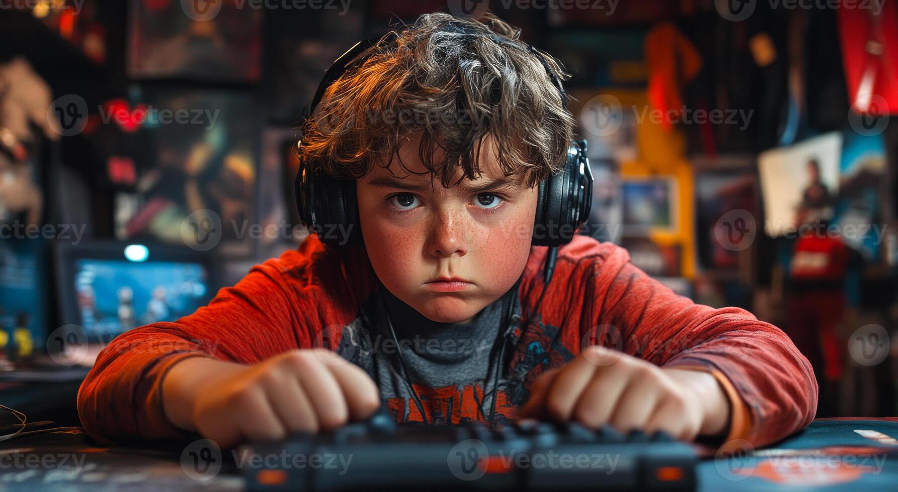 A determined young boy sits at a gaming station, intensely concentrating with headphones on, surrounded by vibrant decorations. photo