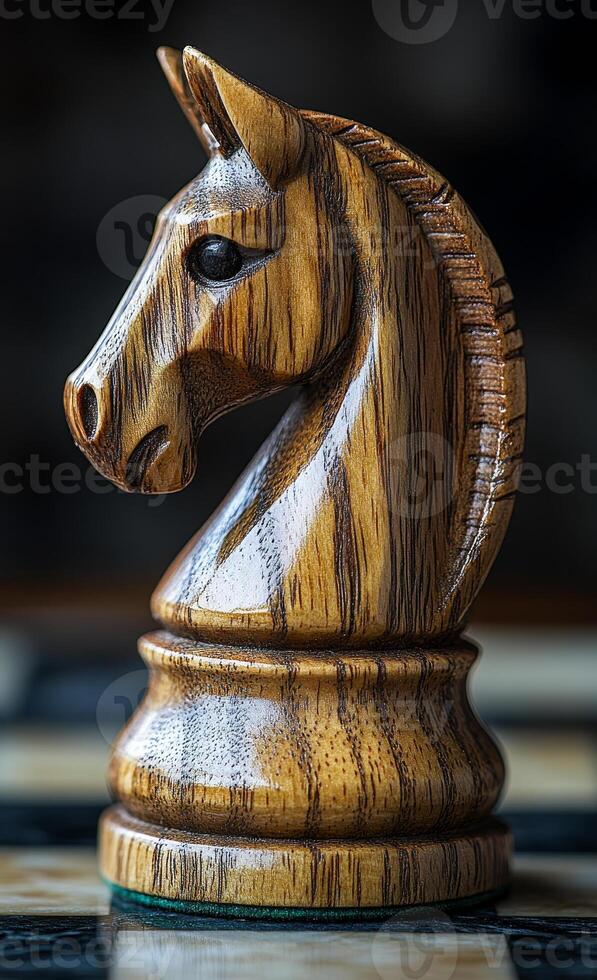 A finely crafted wooden chess knight piece stands prominently on a chessboard, showcasing intricate details and craftsmanship. photo
