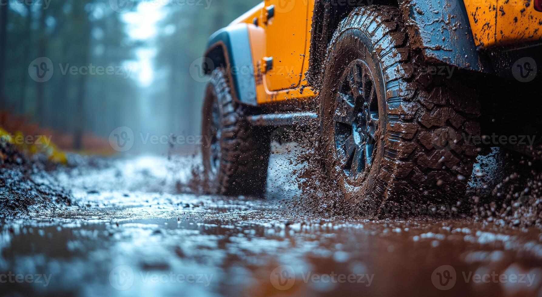An orange off-road vehicle drives through muddy water in a dense forest, splashing water as it maneuvers along the rough path. photo