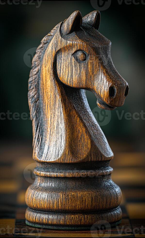 A finely crafted wooden knight stands on a chessboard, highlighting its intricate design and the texture of the wood. photo