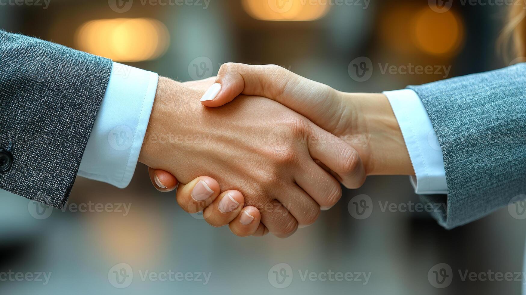 Two business professionals engage in a handshake inside an office, illustrating partnership and collaboration in a corporate environment. photo