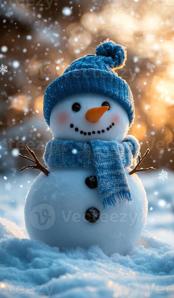 A cheerful snowman with a blue hat and scarf stands in fresh snow, surrounded by softly falling snowflakes during sunset. photo