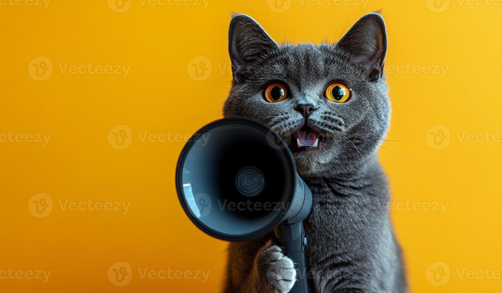 This gray cat holds a megaphone, appearing playful and curious on a vibrant orange background, showcasing its personality. photo