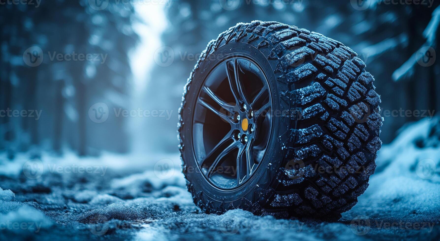 A single winter tire rests on a snow-covered road amidst tall trees, creating a serene and chilly winter atmosphere. photo