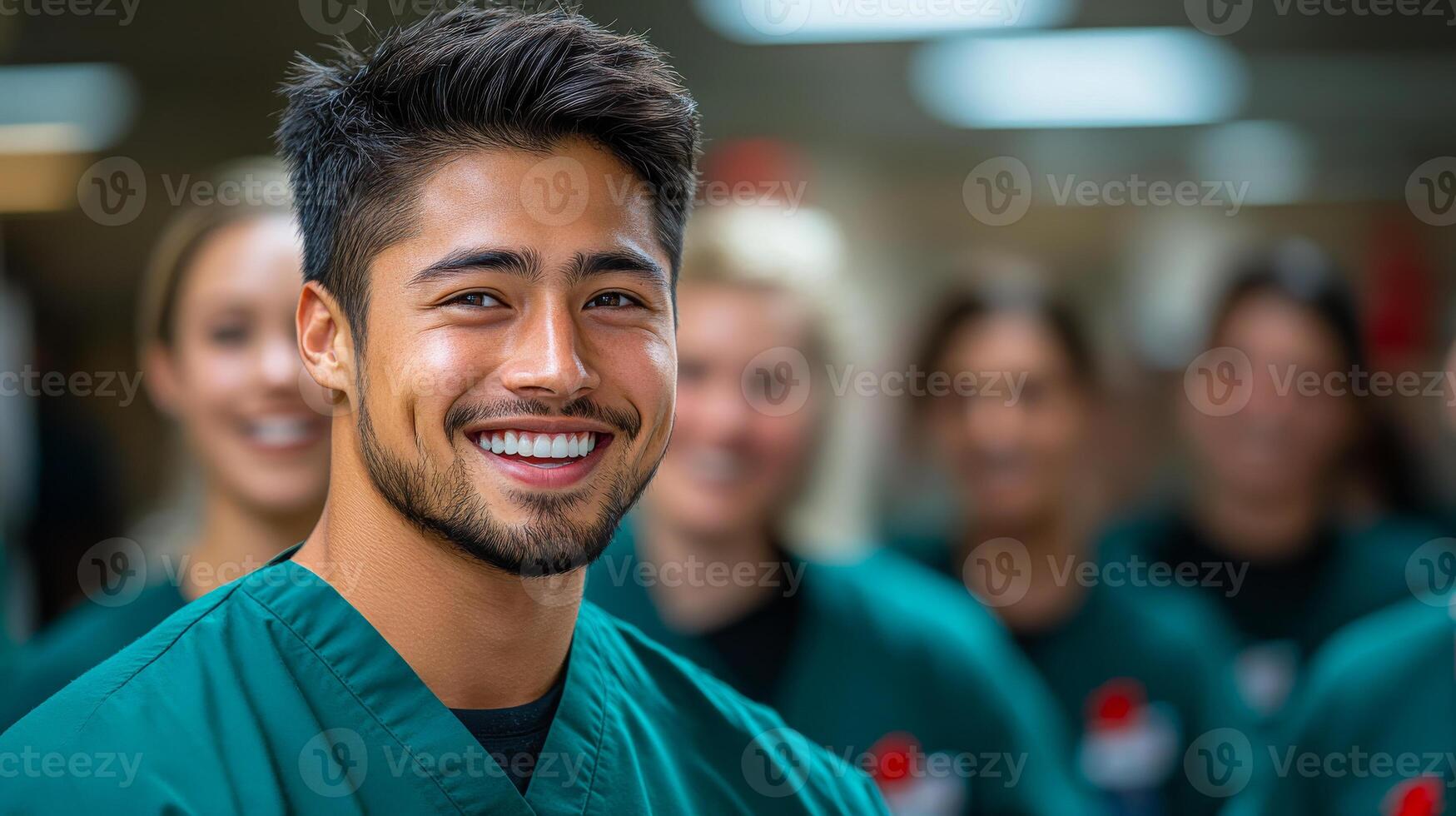 A cheerful healthcare worker stands confidently with teammates in scrubs, showcasing camaraderie in a medical setting. photo