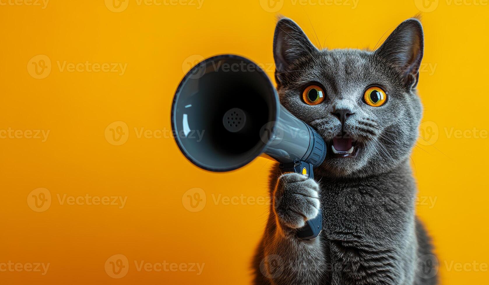 A playful grey cat enthusiastically holds a megaphone, creating a lively and engaging atmosphere against an orange backdrop. photo