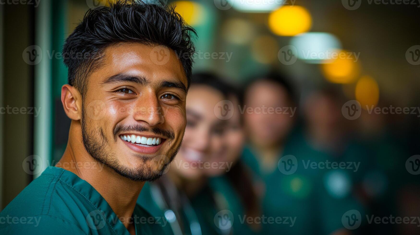 A cheerful healthcare worker in scrubs stands in a medical facility, surrounded by colleagues sharing a moment of camaraderie. photo