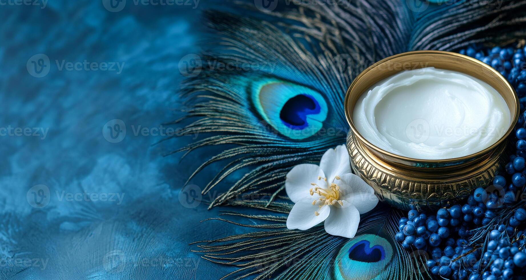 A luxurious cream jar sits among vibrant peacock feathers and delicate white flowers, creating an artistic display on a blue background. photo
