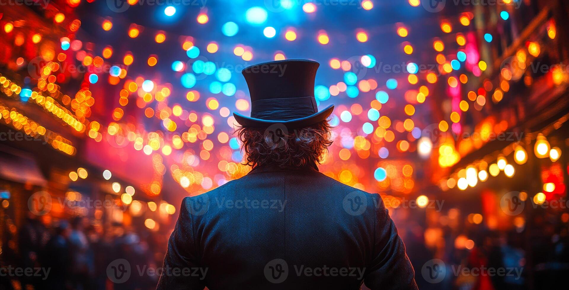 A man stands with his back to the camera, watching vibrant lights and decorations during a bustling night festival in a lively setting. photo