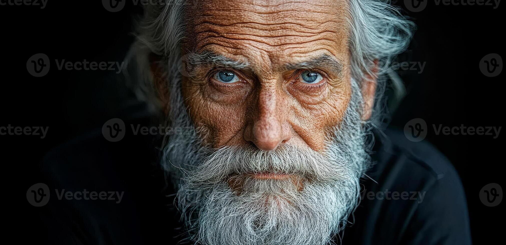 A wise-looking elderly man with a flowing white beard gazes directly, showcasing deep lines of experience and vibrant blue eyes. photo